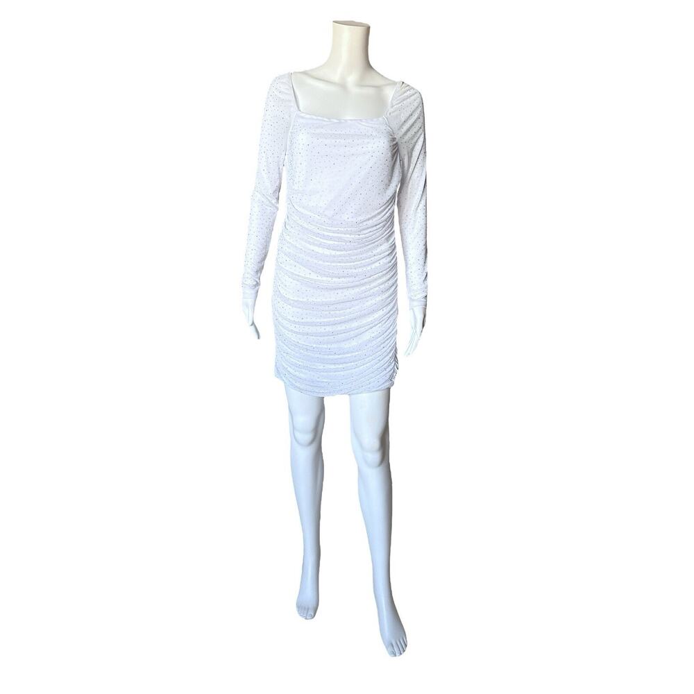 Justify White Rhinestone Ruched Long Sleeve Mini Bodycon Dress Size Large